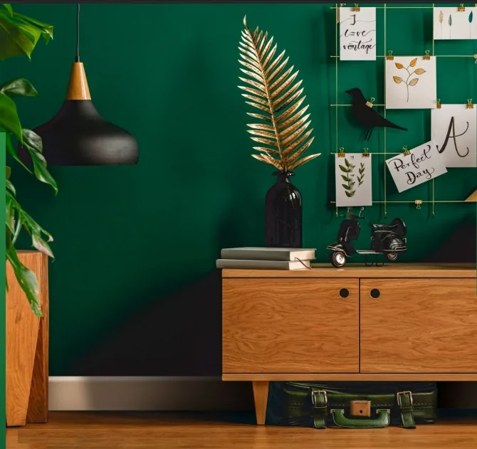 Sala con pared verde y zócalo sobre piso de madera